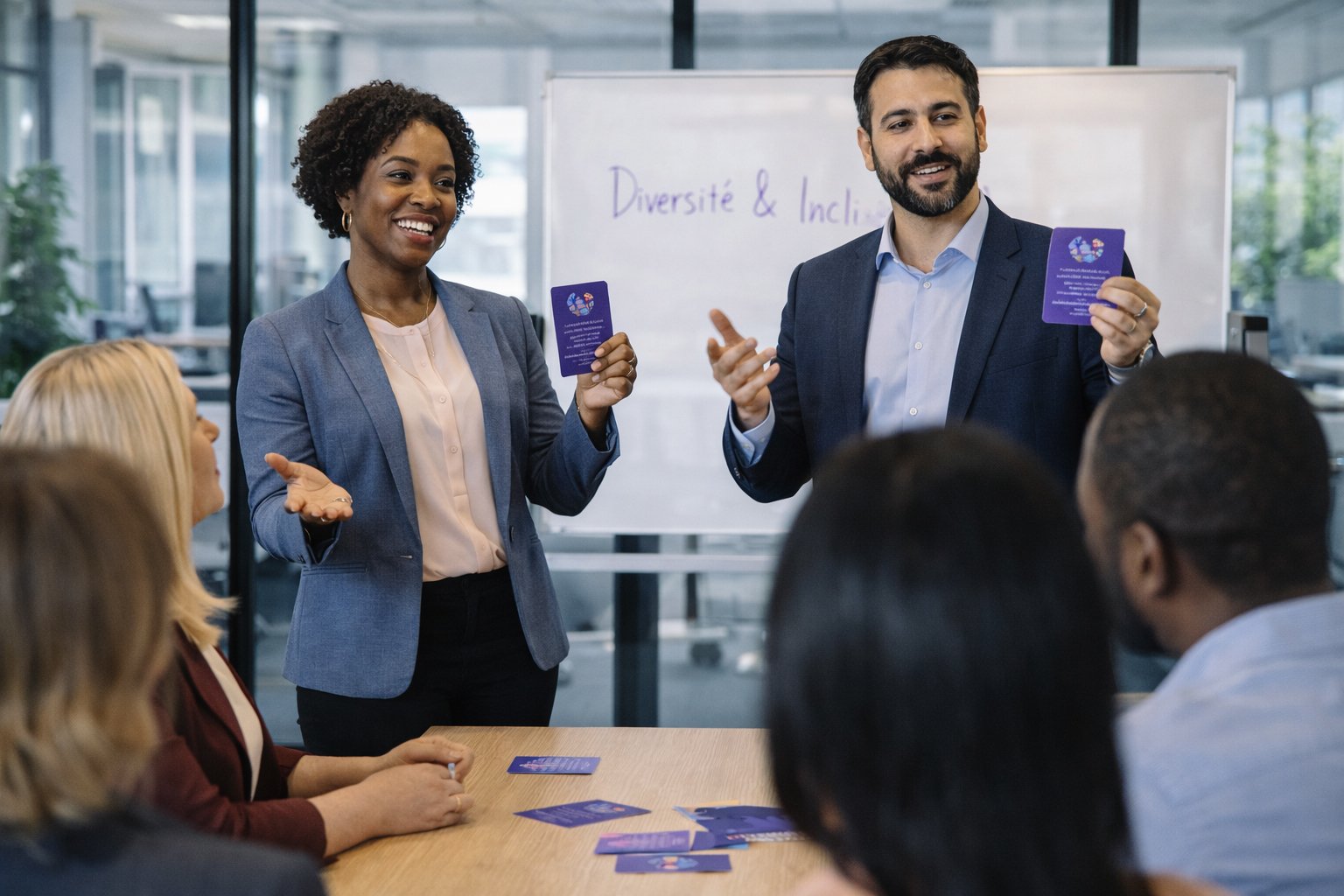Formateurs présentant le jeu LUDO MEMO en entreprise